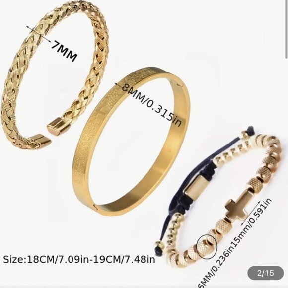 NEW - 3PC STUNNING STAINLESS STEEL BRACELET SET FAITH BASED - GOLD - Picture 3 of 5
